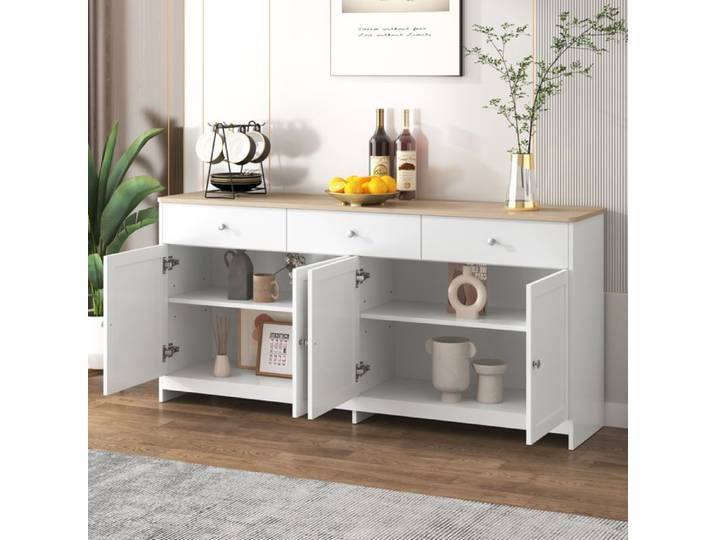 Buffet de cuisine - 160 cm - 4 portes - 3 tiroirs - étagères ajustables - style campagne chic