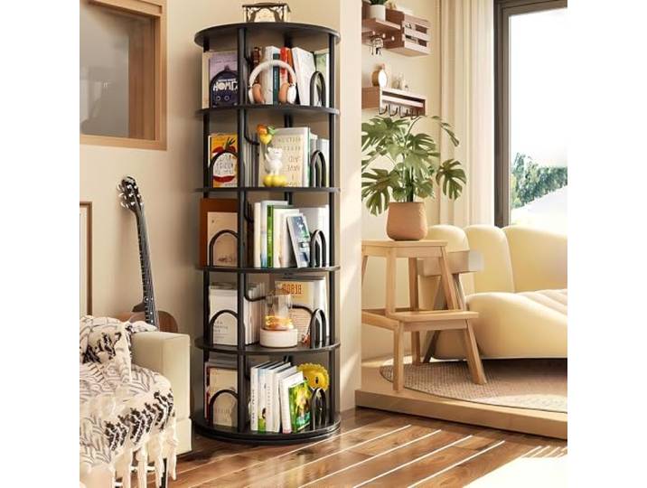 Drehbares Bücherregal 360 Grad, bücherregale Holz, Bodenstehendes ständer Bücherschrank, Aufbewahrungsregal Organisator, Lagerregal für Schlafzimmer Kinderzimmer Wohnzimmer, Schwarz (A, 5 Ebenen)