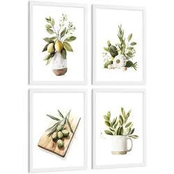 POSTER 4er Set Mediterrane Küchen-Wandbilder Zitronen Knoblauch Oliven Kräuter Aquarell Esszimmer Deko Weißer Rahmen A4
