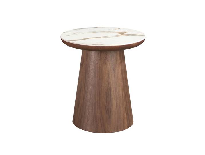 Angel Cerda Runder Beistelltisch aus Porzellanmarmor und Nussbaum, Hellbraun, Holzwerkstoff, Echtholz,Nussbaum, Essen/Getränk, Eckteil,Rund,Rund, Säule, 49x50x49 cm, Wohnzimmer, Wohnzimmertische, Beistelltisch
