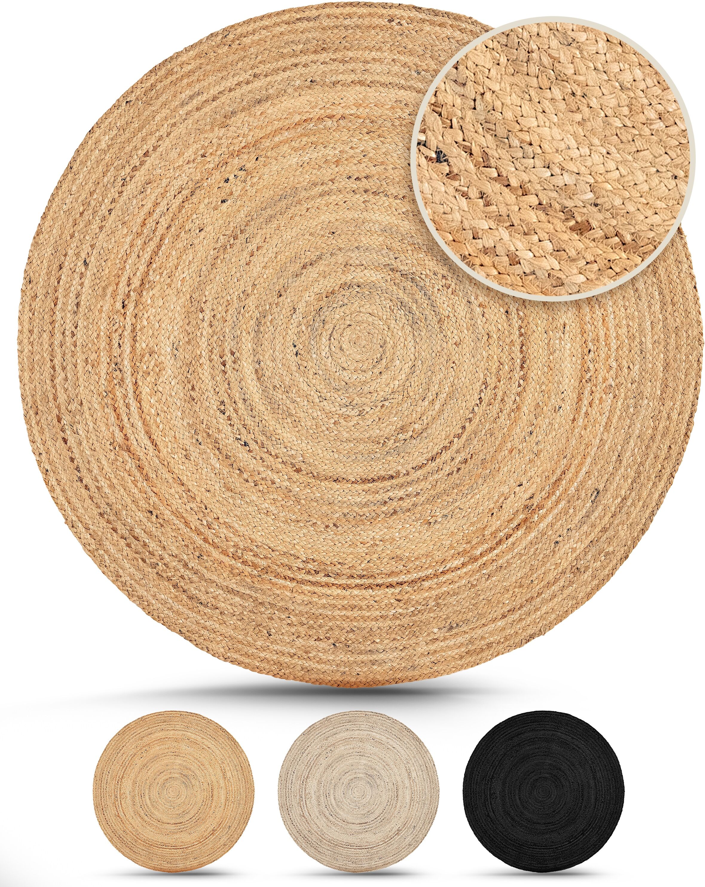 Teppich CARPETFINE "Nele Juteteppich Naturfaser", beige (natur), H:6mm Ø:60cm, Jute, Teppiche, Teppich, geflochtener Wendeteppich aus 100% Jute, quadratisch und als Läufer natur Ø 60cm 1 Stk., 6mm, Ø 60cm