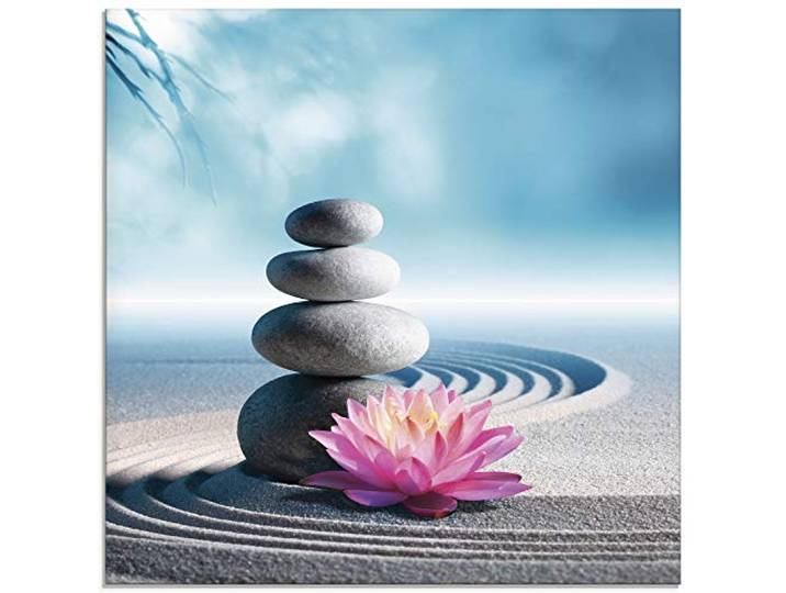 ARTland Wanddeko Glasbilder Wandbild Glas Bild einteilig 50x50 cm Quadratisch Asien Wellness Zen Steine Sand Blumen Lotusblume Spa Entspannung Blau S5XU
