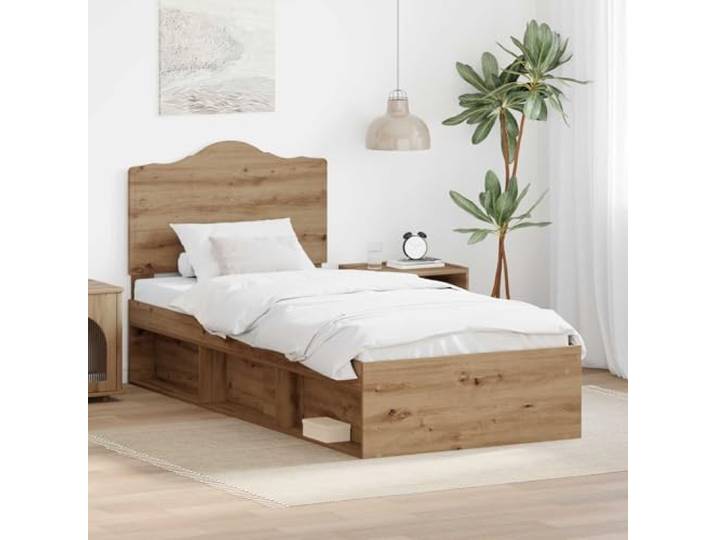Holzwerkstoff Bettgestell mit Kiefernholz Kopfteil modernes Design 100x200 Bettgestell mit Kopfteil Massives Kiefernholz Kunsthandwerk Eiche 100x200 Stabiler Lattenrost Modernes Design Schlafzimmer