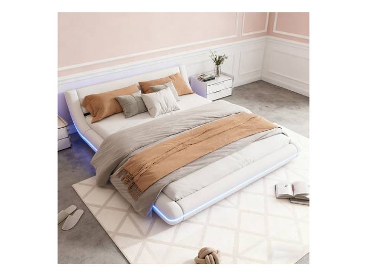 MODFU Polsterbett mit LED-Umgebungsbeleuchtung und 24-Tasten-Fernbedienung (niedriges Bodenbett in elegantem, Doppelbett Kinderbett 160x200 cm), ohne Matratze
