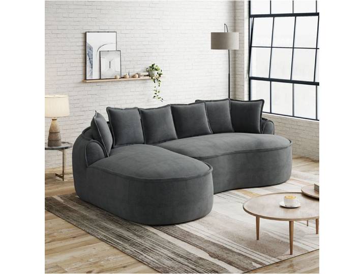 Canapé modulaire sans cadre en chenille grise avec méridienne et coussins