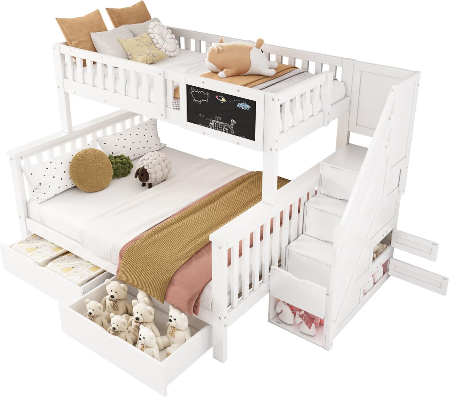Kinder-Etagenbett,Doppelbett(weiß)multifunktionales Kinderbett(90*200+140*200cm)mit Tafel und Schubladen, ohne Matratze, weiß+helle Eiche