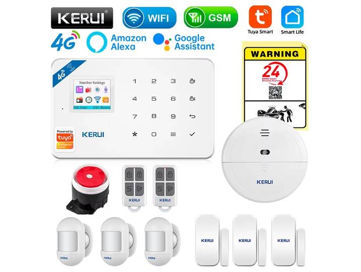 KERUI W184-Kit de système d'alarme de sécurité domestique sans fil, Tuya Smart Andrea Control, capteur de mouvement, prise en charge de cambrioleur, Alexa, 4G, Wi-Fi, 101