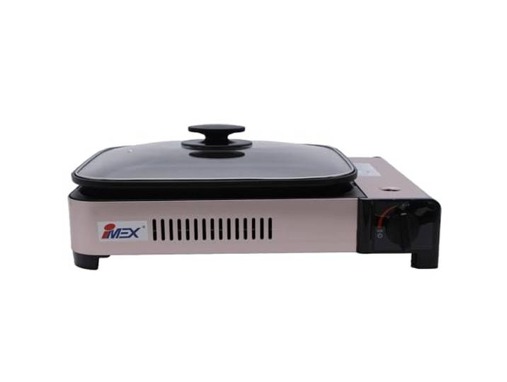 IMEX 2-in-1 Gaskocher und Gasgrill Multi Campinggaskocher inkl. Grillplatte, Pfanne, Glasdeckel und Koffer, für Innen- und Außenbereich