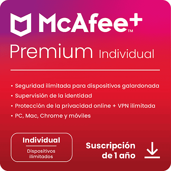Antivirus - McAfee®+ Premium Individual, Seguridad Internet, Dispositivos ilimitados, Suscripción 1 año, Código descarga