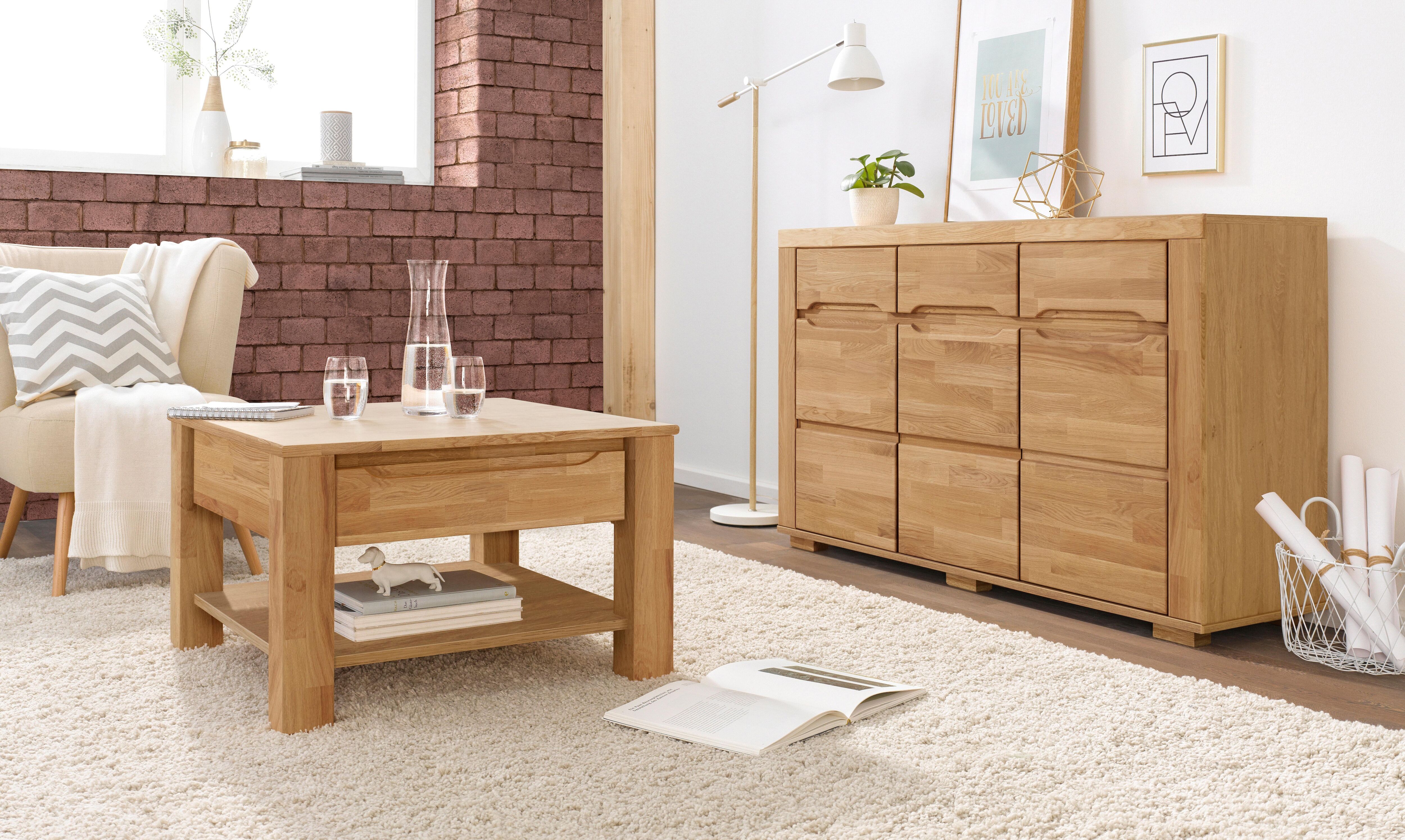 Sideboard GOODPRODUCT "Denis", braun (eiche teilmassiv), B:140cm H:85cm T:40cm, Sideboards, Sideboard, Breite 140 cm eiche teilmassiv B/H/T: 140cm x 85cm x 40cm, Holzwerkstoff eichefarben (Korpus) / Massivholz Eiche (Front)