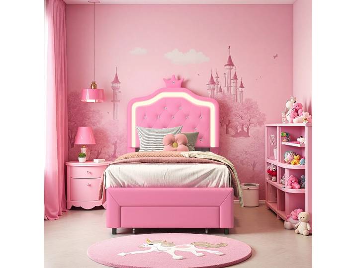 Lit pour enfants 90 x 200 cm, lit rembourré avec sommier à lattes, lit princesse, lit pour filles, lit simple, lit pour adolescent, PU