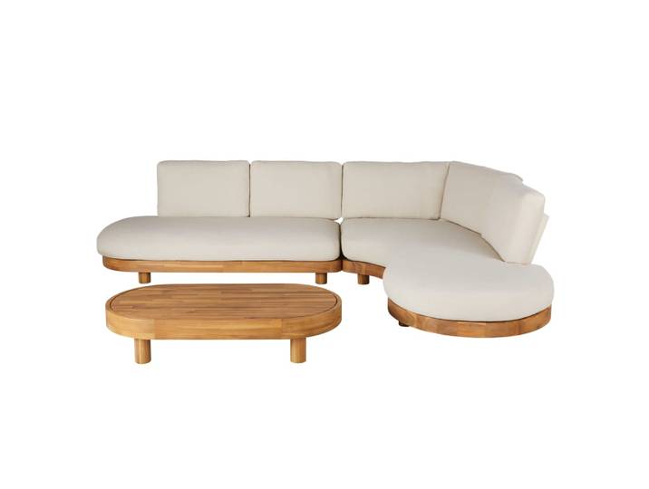 Gartensofa für 5 Personen aus Akazienholz mit Kissen aus recyceltem Boucle-Polyester in Ecru