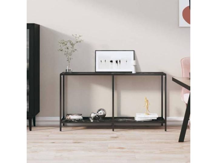 KLGBNCVE Konsolentisch Schwarz 140x35x75,5 cm Hartglas mit Ablage Hartglas, pulverbeschichteter Stahl, untere Ablage, feucht abwischbar, schlichtes Design