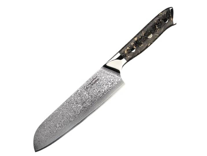 Tsume Santoku Messer Carbon Gold, Klingenlänge 18cm, Echtes Damast Küchenmesser, 67 Schichten VG10 Edelstahlkern mit einzigartigem Karbonfaser und Blattgold Handgriff, Rasiermesserscharf