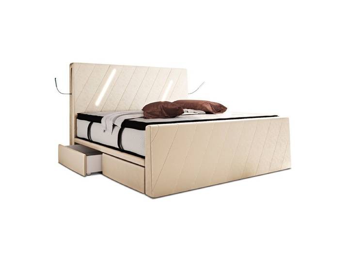 Sofa Dreams Boxspringbett Toulon (6 Teile), Designerbett, Samtstoff, LED-Beleuchtung, Schubladen, Matratze, Topper