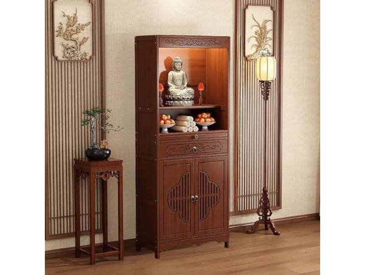 Buddhistischer Altartisch Mit Schubladen, Freistehender Mandir-Schrank Tempel for Zuhause, Pooja Mandir Meditationsraum(Walnut,20.4*13*67in)