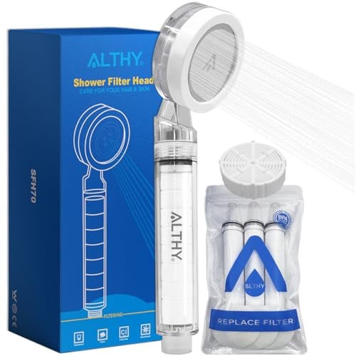 ALTHY Douchekop met filter, SPA Hogedruk waterbesparende douchekop met 3-traps waterfiltratie voor verzorging van huid en haar, inclusief 1CS en 4PP filters
