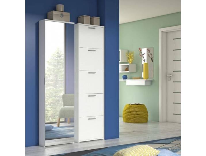 Dmora Meuble à chaussures Dbarrec Mobilier de salle e avec porte miroir Meuble à chaussures avec 5 étagères 50x18h178 cm Blanc