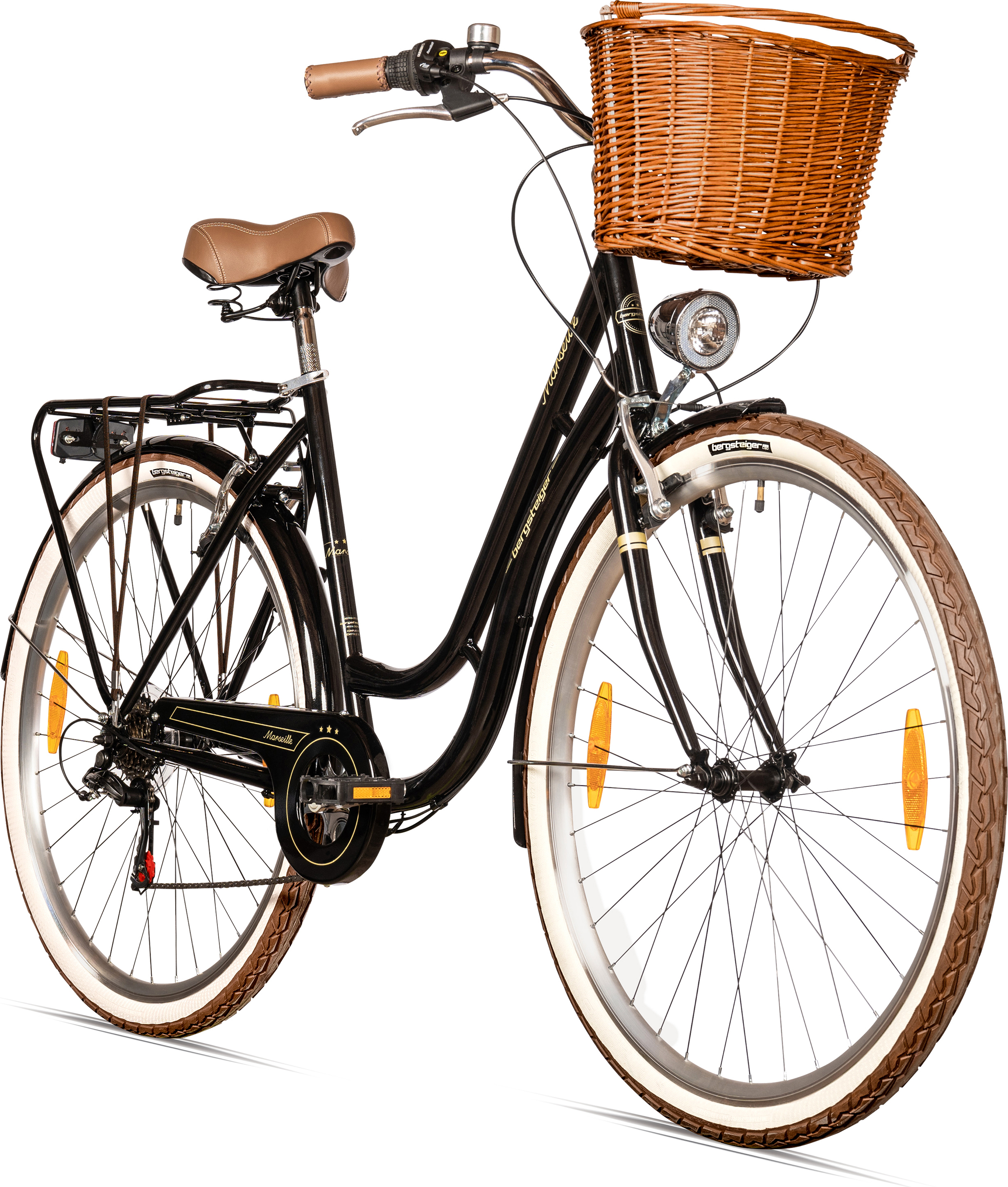 Bergsteiger Marseille 26 Zoll 28 Zoll Damenfahrrad, ab 150 cm, Korb aus Rattan, Fahrrad-Licht, Damen-Citybike, Damenrad im Retro-Design, 6 Gang Shimano Tourney Schaltung