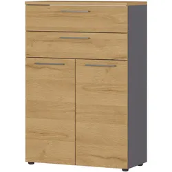 bümö Andratx Mehrzweckschrank 80cm breit, Büroschrank mit 2 Schubladen, Aktenschrank klein, Schrank mit Regal, Kommode in Graphit-Eiche aus Holz,
