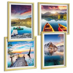 BILDER SET 4er Set - 50x50 cm & 40x60 cm Goldrahmen - Seen- und Berglandschaft Łódź