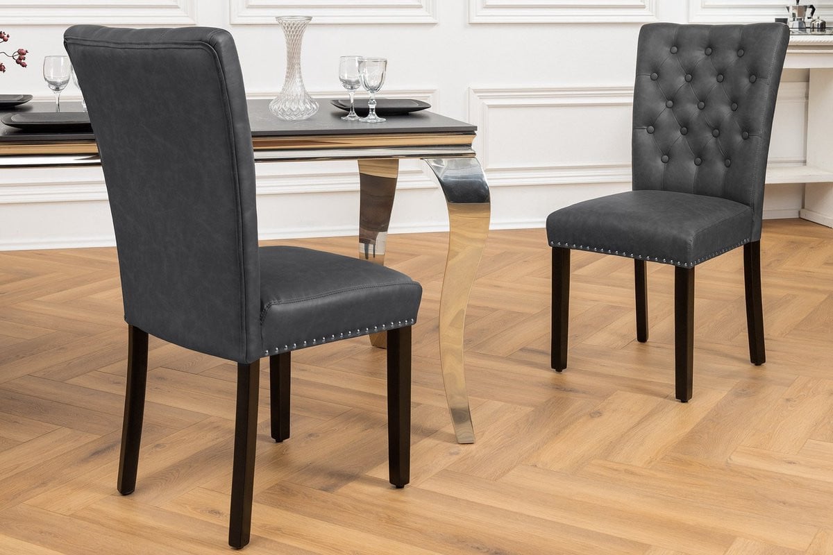 Chesterfield Stoel CASTLE Zwart Kunstleer met Rubber Hout en Decoratieve Klinknagels