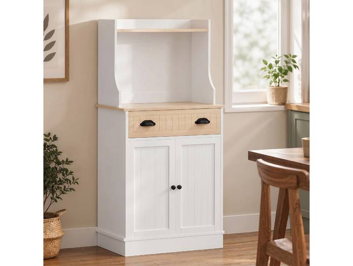HOMCOM Armoire Micro-ondes Chêne 61x35x125cm 1 Tiroir 2 Portes