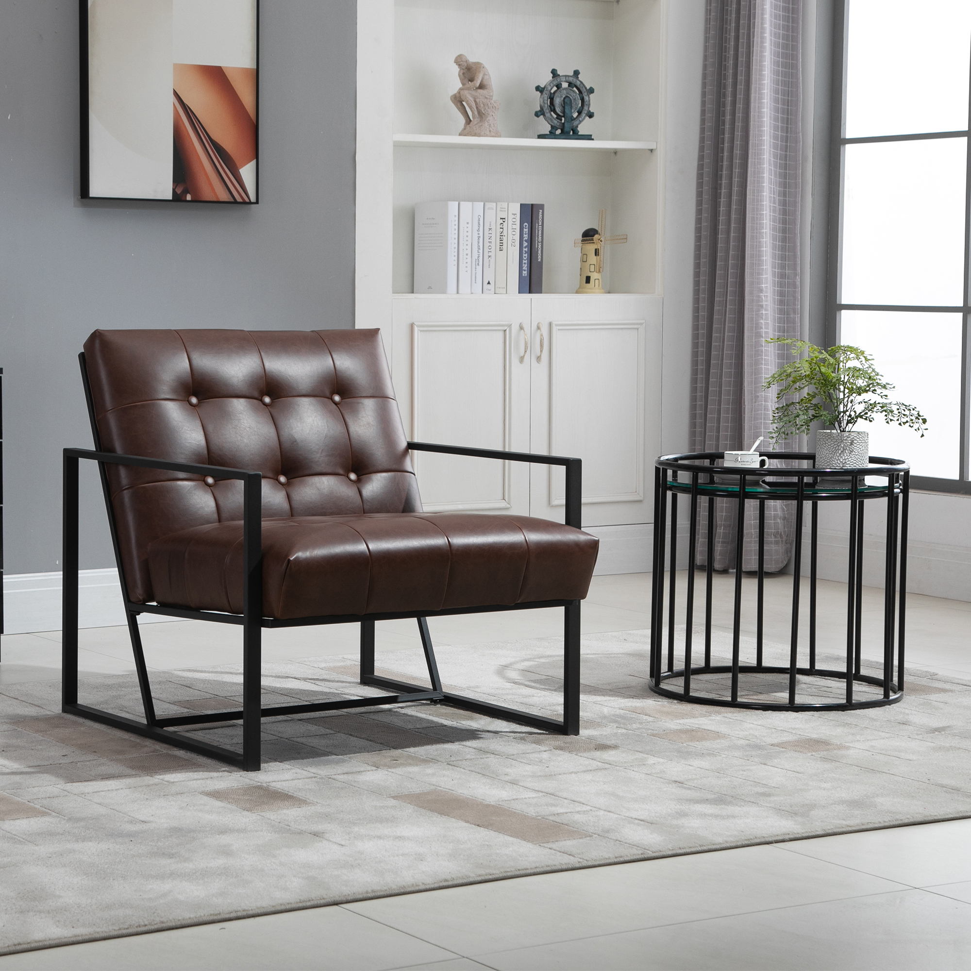 Homcom Poltrona Stile Industriale Trapuntata a Bottoni, Arredamento Moderno Poltroncina in Metallo e PU, 62x74x78cm Marrone