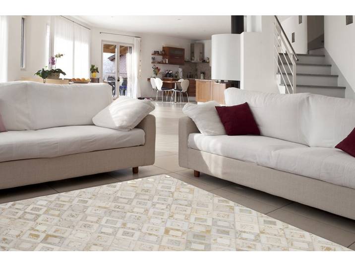Teppich KAYOOM Spark 110 , weiss (elfenbein, gold), B:160cm H:8mm L:230cm, Rindsleder, Teppiche, Teppich, 100% Leder, metallische Effekte, handgenähtes Unikat