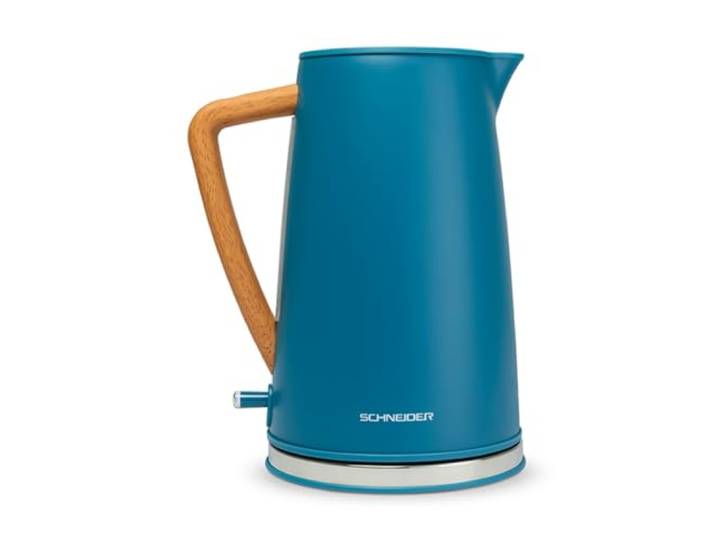 SCHNEIDER Fjord Line Wasserkocher 2200 Watt, Teekocher aus Edelstahl mit 1,7 Liter Fassungsvermögen, Wasserstandsanzeige, Abschaltautomatik, 360° Basisstation, Soft-Touch-Finish, petrol blau