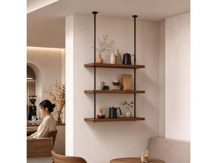 Metallrahmen-Hängeregal, Bücherregal, schwebende Deckenregale, hölzerner Kochgeschirr-Aufhänger, Weinhalter für Restaurant, Bar, Café, Küche, Topf- und Pfannen-Aufbewahrungsregal(3-layer 60x30x120cm)