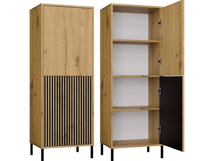 BDW - Schrank Regal, Schrank mit Latten und geriffelter Front Kamaro Slim - Vitrine, Aufbewahrungsmöbel, Eingangsbereich - Regal für Büro, Wohnzimmer - 2 Türen - Eiche Artisan