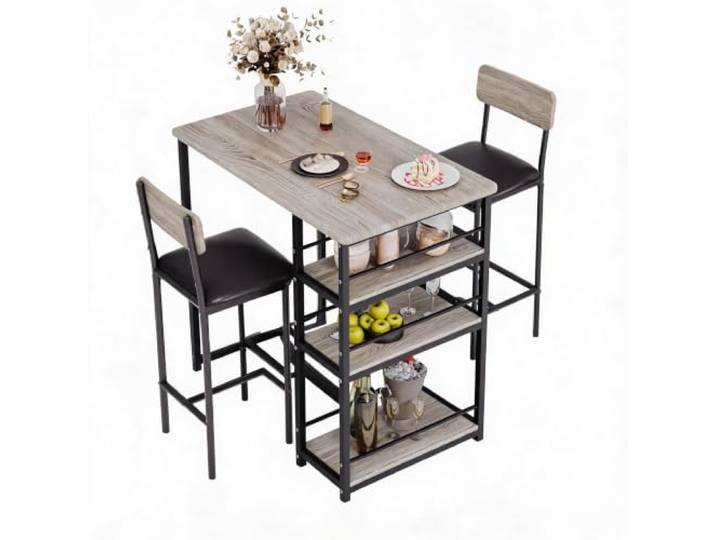 GarveeMore Bartischgruppe 3-tlg., 1 Tisch & 2 Barhocker, 3 Ablagen, Grau, Thekenhöhe, gepolsterte Sitze, platzsparend, stabile Konstruktion, zusätzlicher Stauraum, für Küche & Wohnung