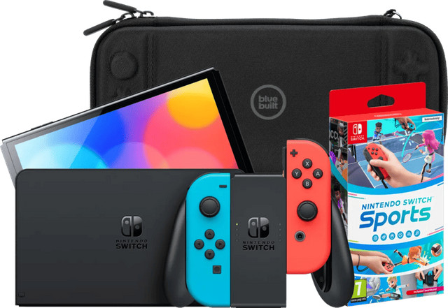 Nintendo Switch OLED Blauw/Rood met Nintendo Switch Sports en BlueBuilt Beschermhoes