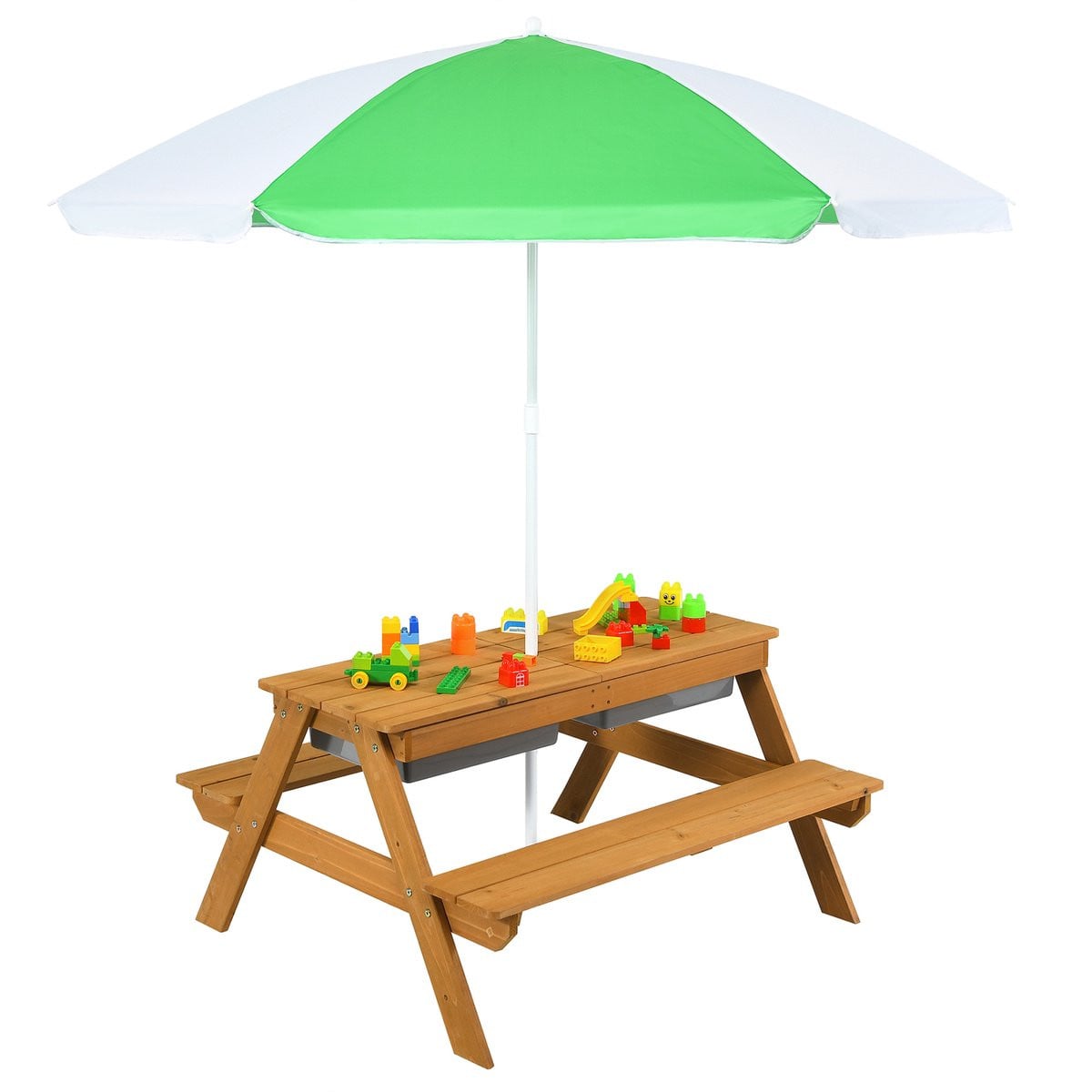 COSTWAY 3-in-1 kinderpicknicktafel met parasol, banken en 2 speelboxen, wit