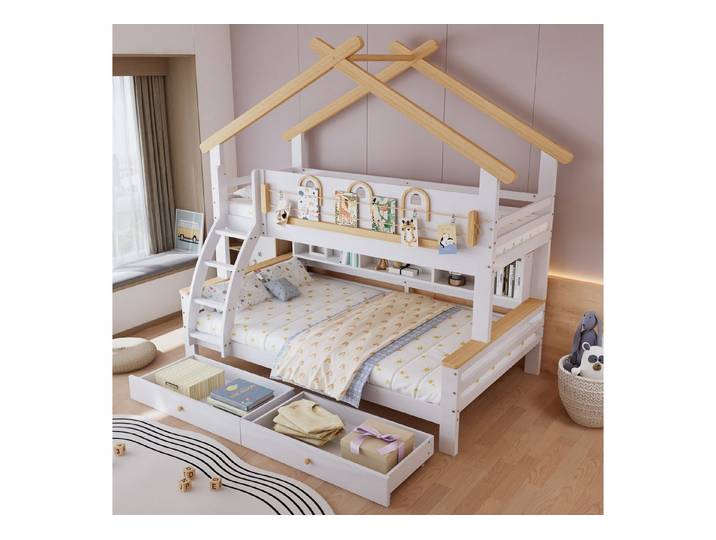 STILVORA Etagenbett 90/120x200 mit Schubladen,Kinderbett Bettgestell mit Dach&Geländer