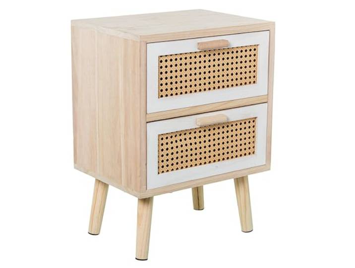DRW Nachttisch mit 2 Schubladen aus MDF und natürlichem Weidengeflecht, 40 x 30 x 55 cm