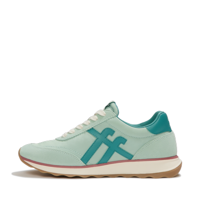 Keilsneaker FITFLOP "RETRO-Q FF FABRIC/SUEDE SNEAKERS", Damen, Gr. 37, grün (mint), Leder, Nylon, Veloursleder, Schuhe, Schnürschuh, Freizeitschuh, Halbschuh mit Kontrastbesatz