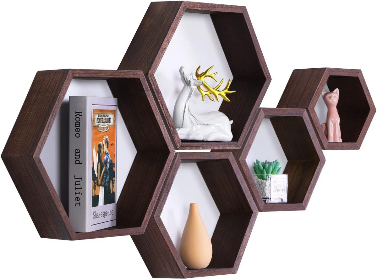 Zeshoekige Wandplanken Set van 5 - Houten Honingraat Planken voor Keuken, Badkamer en Woonkamer