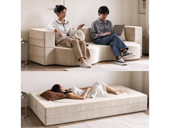 Whsmke Schlafsofa Aus Komprimiertem Stoff, Faltbare 2-in-1-Schlafcouch Für Wohnzimmer, Schlafzimmer, Büro, Doppelsitze, Platzsparendes, Bequemes Ruhesofa(Beige,200cm*100cm)