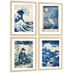 POSTER 4er Bilder-Set Wandbilder Japanisch modern Wohnzimmer Deko, Schlafzimmer, Küche, Badezimmer Rahmenlos A3