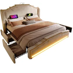 Luxus Vintage Polsterbett mit LED Stimmungslicht App Steuerung, USB-C Ladestation, 4 Schubladen Stauraum, Metallrahmen Velours 140x200 Beige