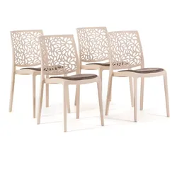 RATTATAN Set aus 4 Stühlen aus Polypropylen mit Glasfaser und Sitzkissen,stapelbar für Küche,Esszimmer,Bar,Restaurant – Anna – Creme/Taube