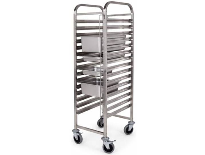 Générique Wagen aus Edelstahl, 15 Ebenen, GN 2/1 – Leiter zur Aufbewahrung und Transport für Tabletts – 5-Zoll-Räder mit Bremsen