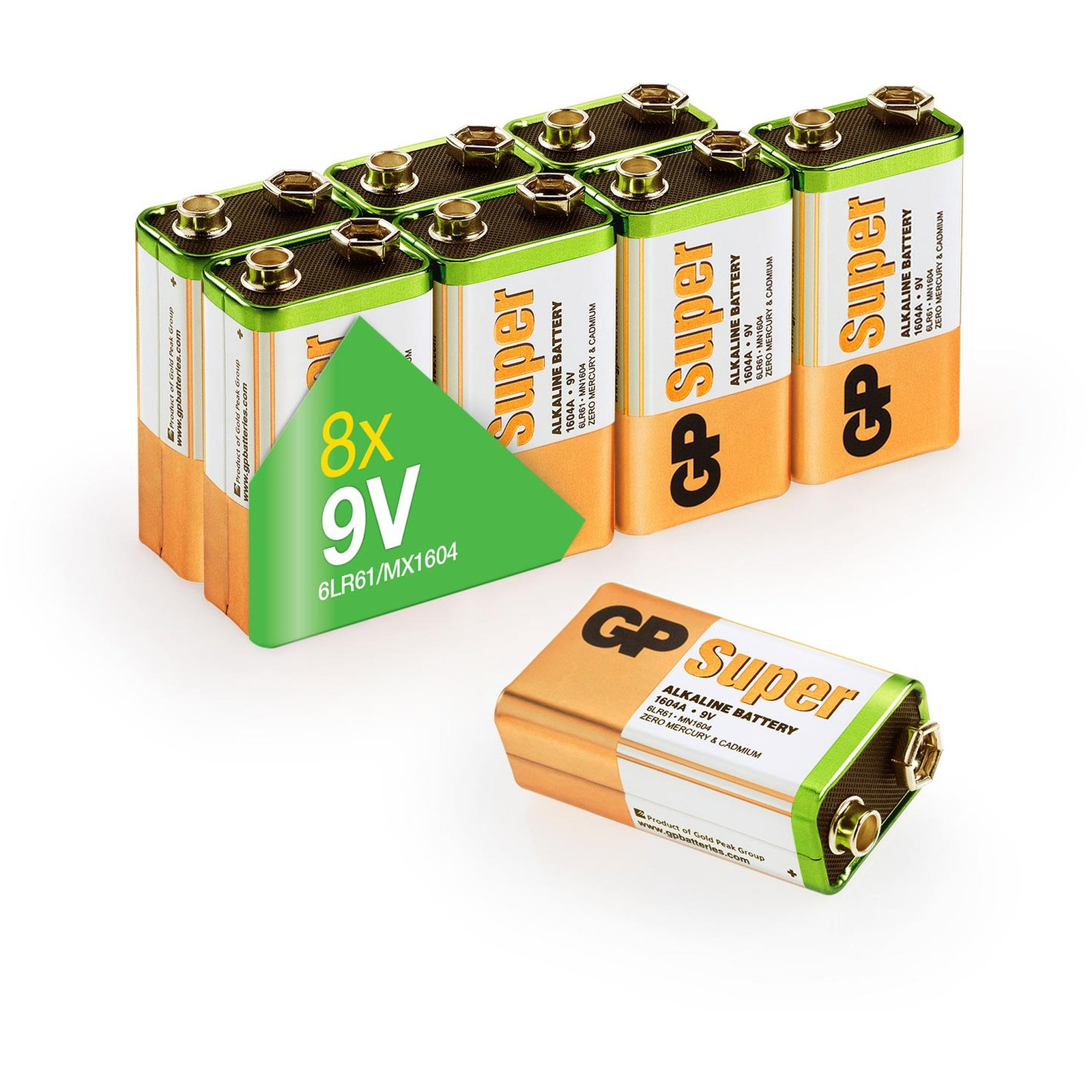GP Alkaline Super 9V batterijen, 8 stuks