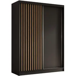 KLEIDERSCHRANK mit furnierten Schiebetüren und Aluminium-Leisten - LABELO - 160 cm Schwarz+Schwarz+Artisan