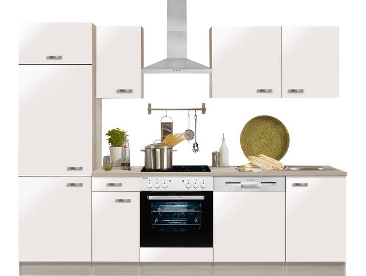 Küchenzeile, Spanplatte, Weiß Hochglanz & Akaziefarben, 270×60 cm, Komplettküche, OPTIFIT Faro