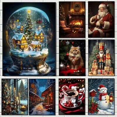 Inspired Finds Classic Santa Claus Christmas Canvas Wall Art Festive Holiday Poster Decor 15.75x19.69in elegant Frosted Tree