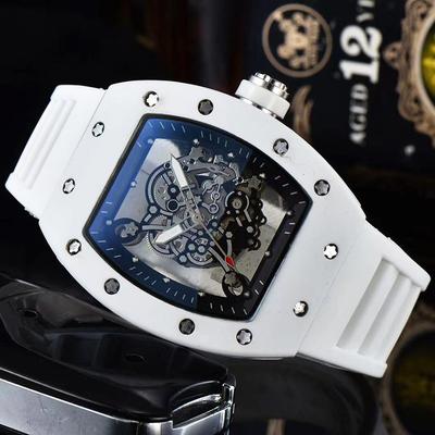 ModernMart Barrel Shape Skeleton Quartz Watch Transparent Dial Stylish Casual Mens Watch white