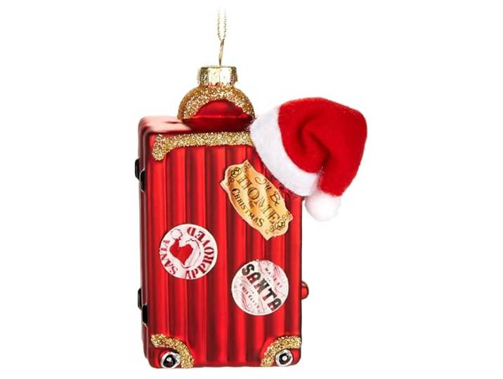 BRUBAKER Kerstkoffer - Handbeschilderde Glazen Kerstbal - 12 cm Kerstbal Kerstkoffer Rood met Kerstmuts - Mondgeblazen Kerstboomdecoratie